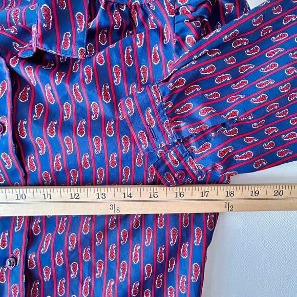 Vintage Paisley Blouse Puffy Sleeves Navy Red Silky Button Up Size Small - Picture 9 of 11